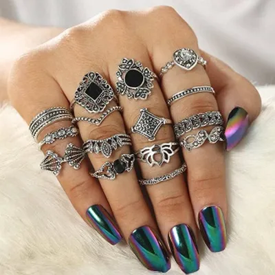 Black Stone Trendy Finger Ring Set (15 pcs)